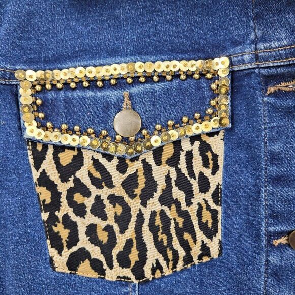 Vintage Mob Wife Denim Trucker Jacket M Leopard Gold Beaded Sequin Dollywood - Picture 6 of 10